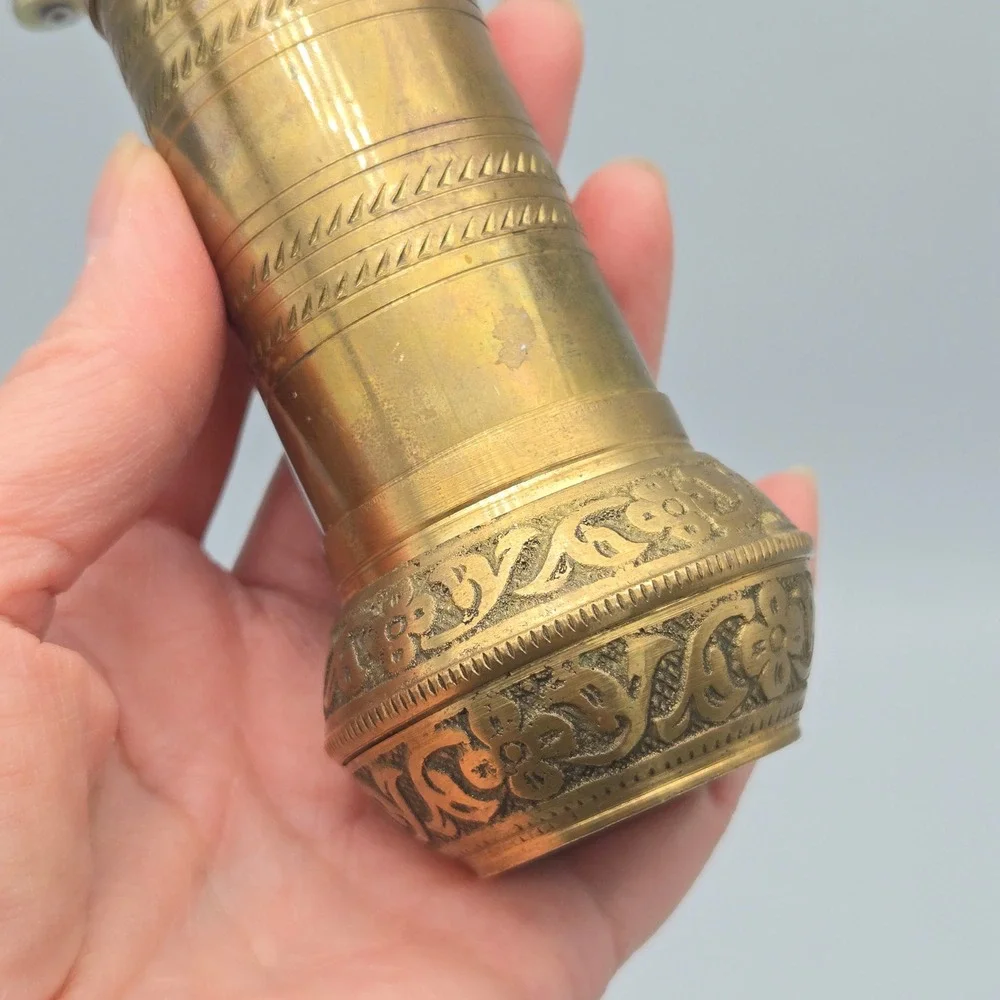 Vintage Brass Turkish Spice Pepper Mill Grinder Hand Crank Ornate Etched Design